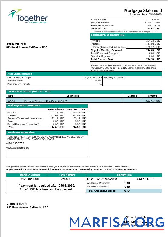 Realistic USA Missouri Together Credit Union bank mortgage statement in Word and PDF formats sample